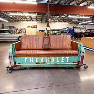Vintage 1957 Chevrolet Brown Leather Couch with Chrome Detailing