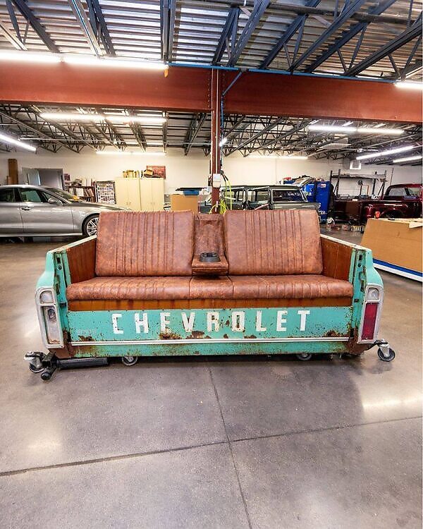 Vintage 1957 Chevrolet Brown Leather Couch with Chrome Detailing